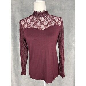 INC Lace Top Blouse Sz LP Maroon High Neck Long Sleeve Floral Dark Romantic Goth